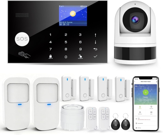 Alarmanlage Haus mit Kamera, WiFi+GSM Alarmanlage mit Telefon-APP-Alarm, Tür-/Fenstersensor, Fernbedienung für Haus, Wohnung