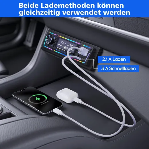 RDS Autoradio Bluetooth, 1 DIN Autoradio mit Type-C, 2 USB und RGB-Licht