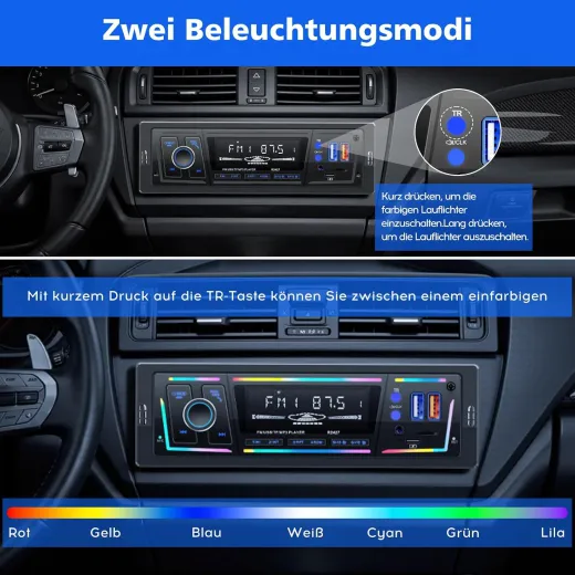 RDS Autoradio Bluetooth, 1 DIN Autoradio mit Type-C, 2 USB und RGB-Licht