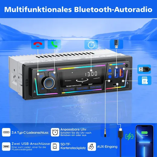 RDS Autoradio Bluetooth, 1 DIN Autoradio mit Type-C, 2 USB und RGB-Licht