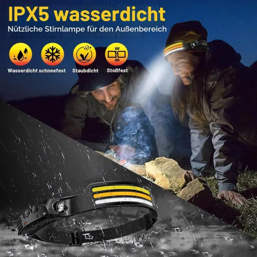 Stirnlampe LED Wiederaufladbar, 2000 Lumens Superhell 230°Weitwinkel 3*LED Weiß Licht Sensor Kopflampe, IPX5 Wasserdicht 0.14lb Leichtgewichtig Stirnlampen Perfekt zum Camping,Joggen,Wandern,Angeln,Fahrrad