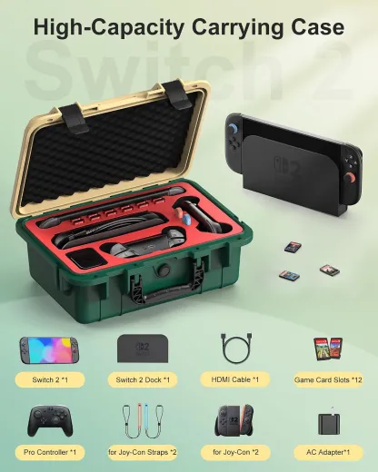 Hartschalen Tasche für Nintendo Switch 2, Professional Deluxe IP67 wasserdicht, weich gefütterte Hartschalen Tragetasche für Nintendo Switch 2 Console Pro Controller und Zubehör (Gelb & Grün)