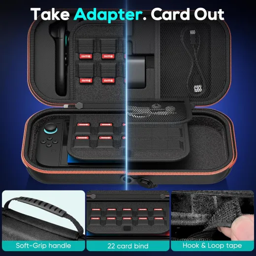 Tasche für Nintendo Switch 2/OLED/Original, Große Harte Tragetasche für Adapter und Joy-pad Aufbewahrung, Reise-Tasche für Switch 2 Konsole mit 22 Spielkartenfächern