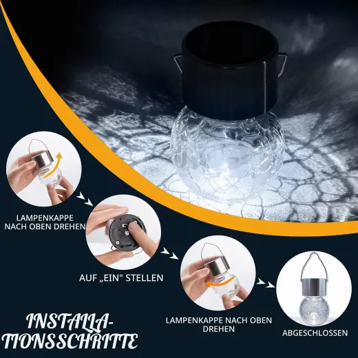 GIGALUMI Solar Außenleuchten, Solar-Hängeleuchte für außen, 4 Stück, rissiges Glas, Solarleuchten für den Außenbereich, wasserdicht für Garten, Hof, Zaun, Baum (kaltweiß)