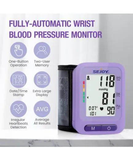 Blutdruckmessgerät Handgelenk Manschette 5,3-8,5 Zoll, Automatische Blutdruckmaschine, Große LCD-Anzeige, 2 Benutzer Lesespeicher, Unregelmäßiger Herzschlagdetektor, Home Use Digital BP Machine (Purple)