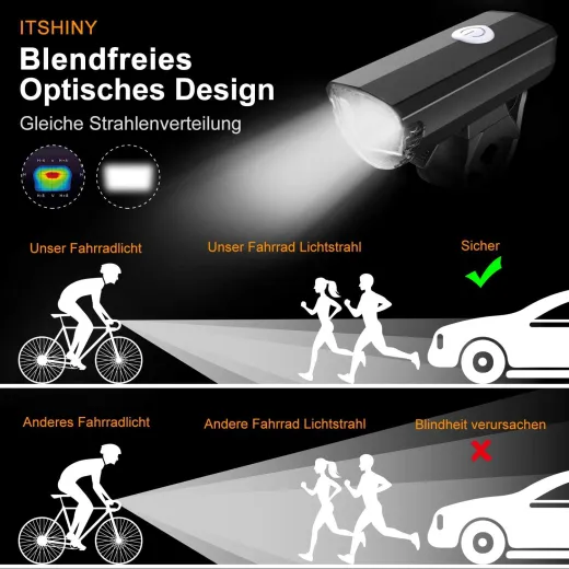 ITSHINY Fahrradlicht - Fahrradlicht USB Aufladbar, StVZO Zulassung Fahrradlampe Aus Aluminium LED, Fahrradbeleuchtung Set Wasserdicht 2 Licht-Modi Frontlicht und Rücklicht Set